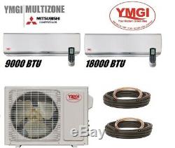 Ymgi 27000btu 9000+18000 Dual Zone Ductless Mini Split Air Conditioner Heat Pump