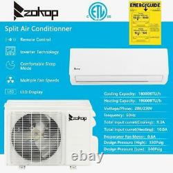 ZOKOP 18000 BTU Ductless Air Conditioner Heat Pump Mini Split 230V with/KIT