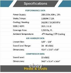 24000 Btu 21 Seer Thermopompe Mini-climatiseur Split Sans Conduit 2 Tonnes Ac